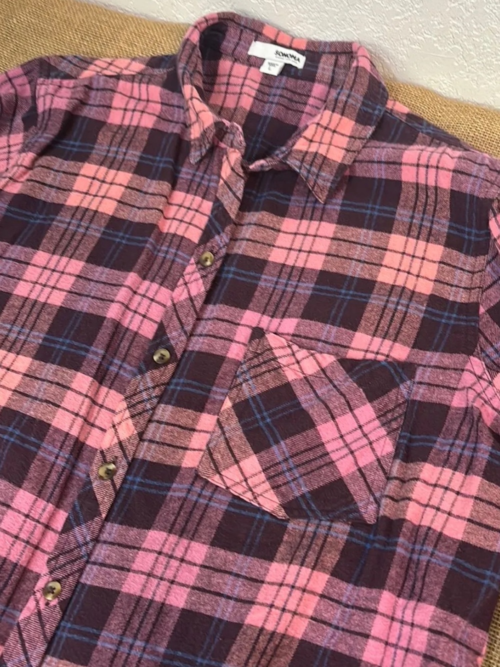 Women’s LARGE Plaid Flannel 100% Cotton Dark Pink, Black & Blue Plaid, Sonoma - Picture 6 of 10